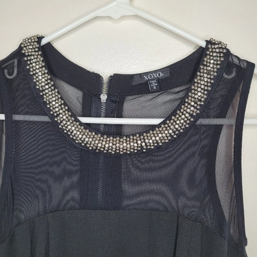 Nwt XOXO Jumpsuit Womens Black With Silver Beading Neckline Small Straight Leg - Picture 6 of 13